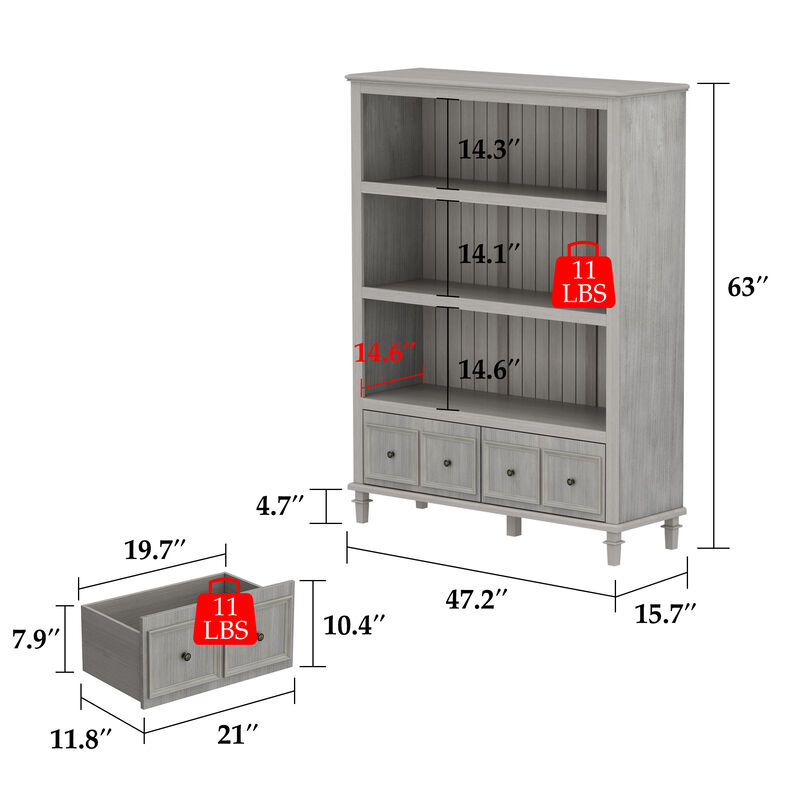 47.2 in. W x 63 in. H, Wood Grain Gray, 3-Tier Open Shelves, Standard Bookcase with 2 Drawers for Storage