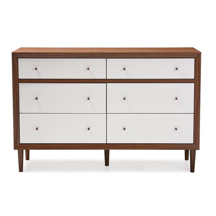 Baxton Studio Scandinavian Style White and Walnut Wood 6-drawer Storage Dresser