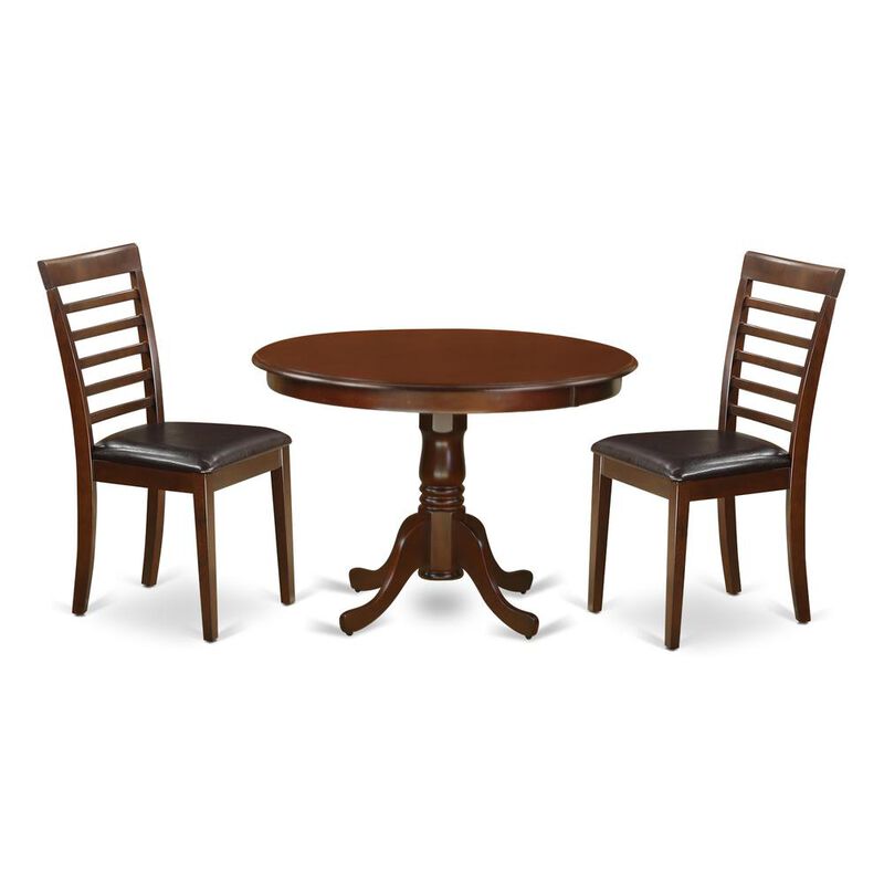 3 Pc set with a Round Dinette Table and 2 Leather Dinette Chairs in Mahogany