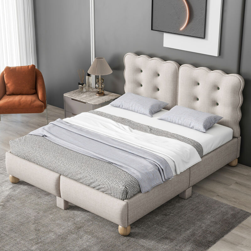 Full Size Upholstered Platform Bed with Support Legs, Beige