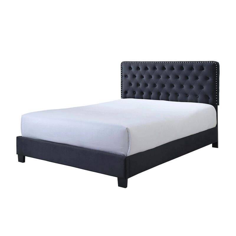 Jane Queen Size Bed, Low Profile, Black Tufted Fabric Upholstered Headboard - Benzara