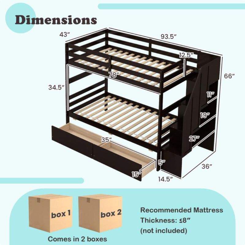 Hivvago Twin Over Twin Bunk Bed with Storage Stairs and Drawers