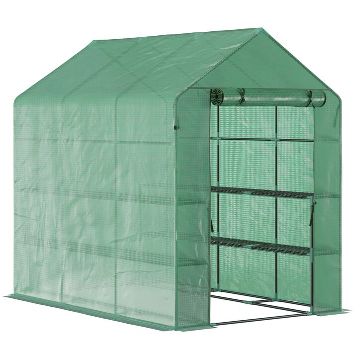 Outsunny 7' x 5' x 6.5' Walk-in Greenhouse, PE Cover, 3-Tier Shelves, Steel Frame Hot house, Roll-Up Zipper Door for Flowers, Vegetables, Saplings, Tropical Plants, Green