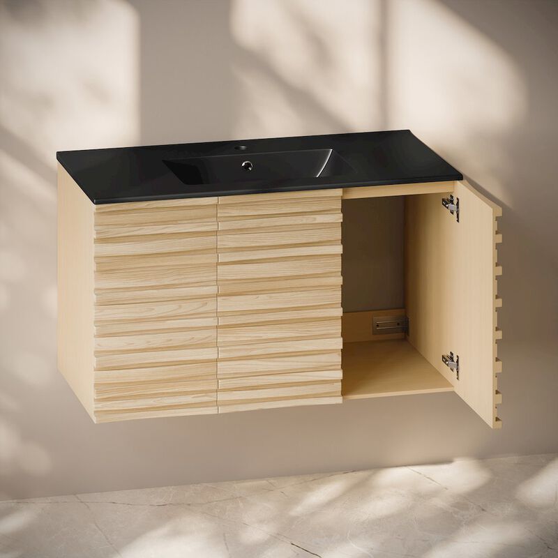 Cascade 36" Wall-Mounted Bathroom Vanity in Natural Oak with Black Sink Top image number 3