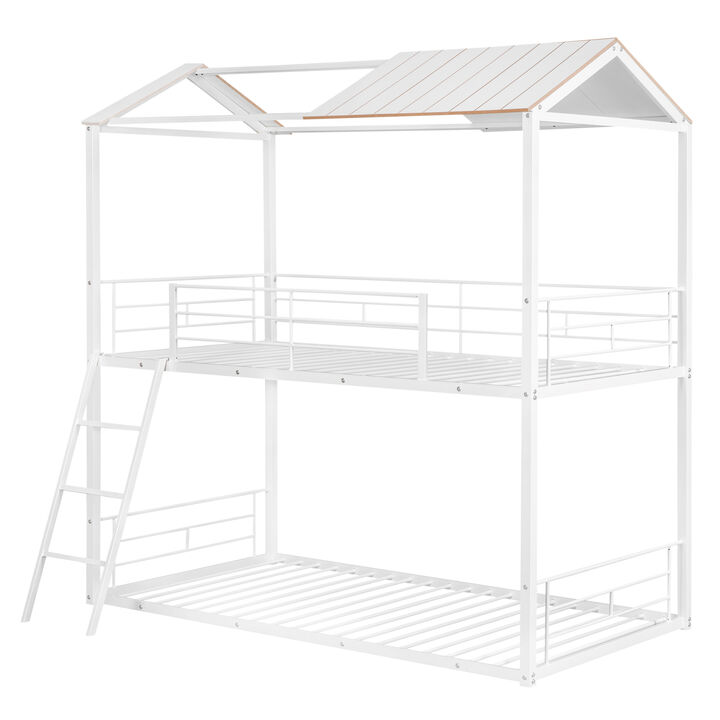 Twin Over Twin Bunk Bed Metal Bed with Half Roof, Guardrail and Ladder White