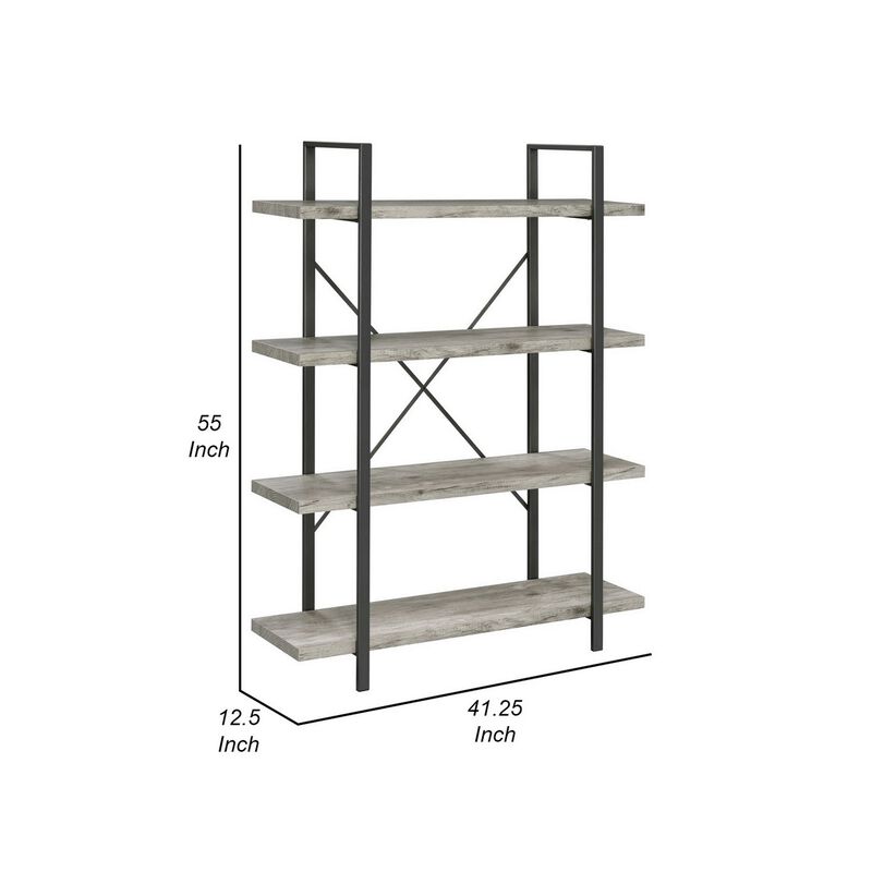 Ana 55 Inch Wood Bookcase, 4 Shelves, Crossed Metal Design, Light Gray-Benzara