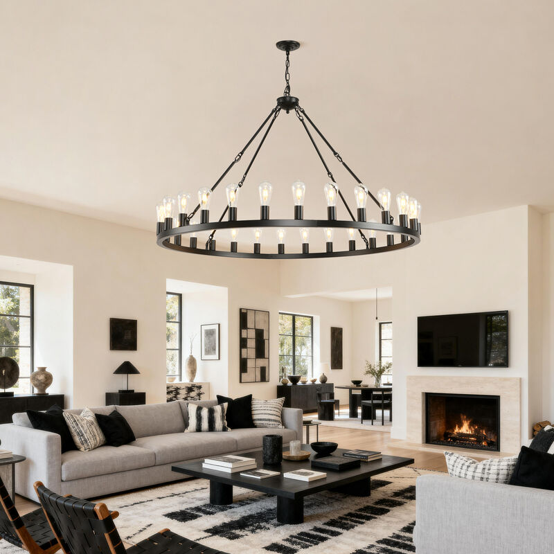 ELEMENT ACE Extra Large Wagon Wheel Chandelier 28-Light Round High Ceiling Pendant Light with Adjustable Chain for Dining Room Living Room Kitchen Foyer Entryway image number 8