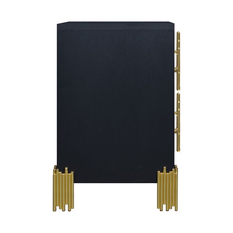 Theo Nightstand, 2 Drawers, Retro Gold Handles and Black Wood, 25 Inch - Benzara