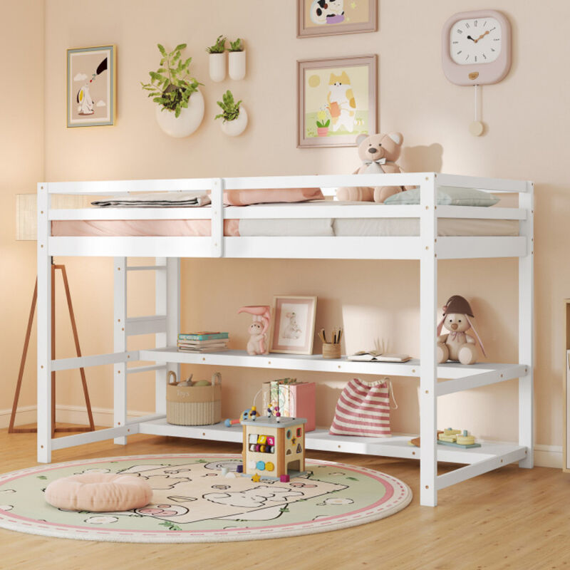 Loft Bed with Storage Shelves, Full-Length Guardrails, and Built-In Ladder