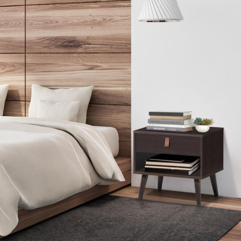 Hivvago Nightstand Bedroom Table with Drawer Storage Shelf-Brown