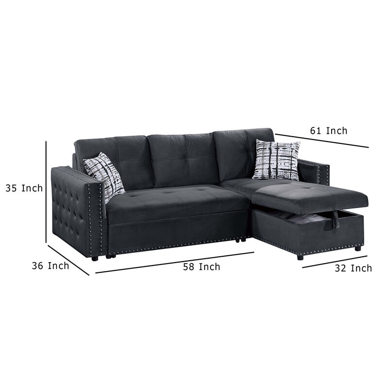Ero Convertible Sectional Sofa, Storage Chaise, 2 Pillows Black Velvet - Benzara