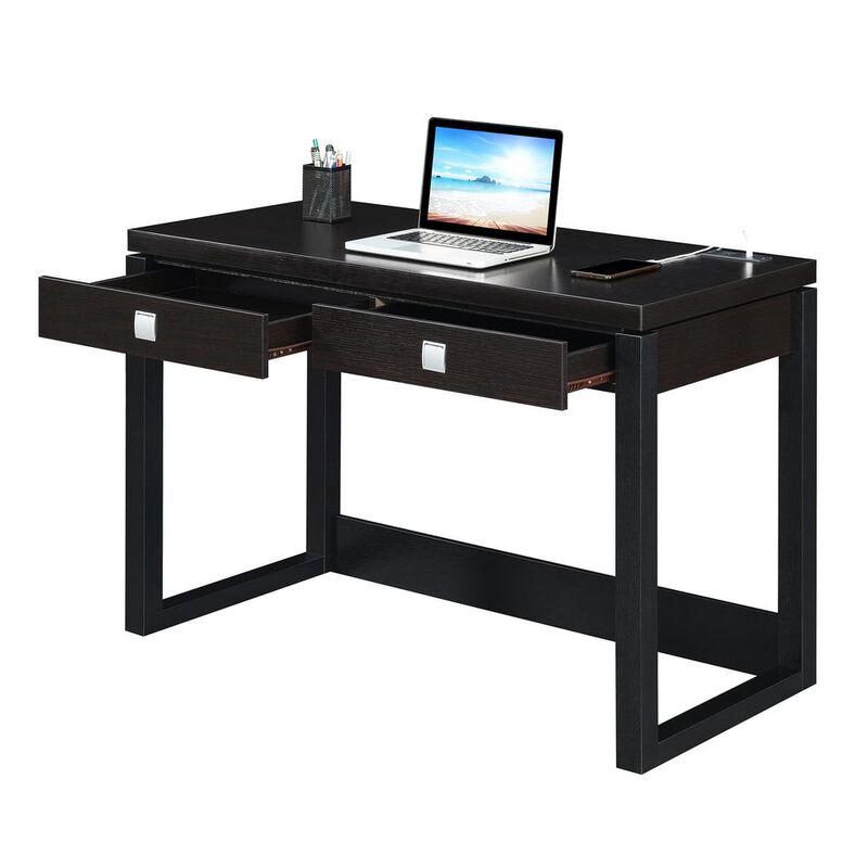 Convenience Concepts Newport 2 Drawer Desk With Charging Station, Espresso/Black