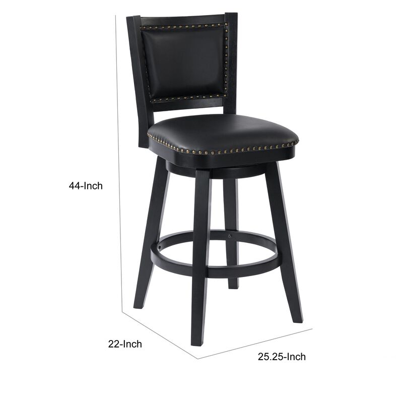 Kera Swivel Barstool Chair, Black Wood, Faux Leather, Nailhead Trim - Benzara