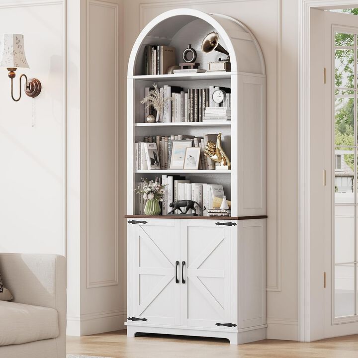 6-Tier Arched Bookcase, 70" Tall Wooden Bookshelf with Door, Arched Cabinet with Open Shelves, Floor Standing Display Bookcase for Home, Office