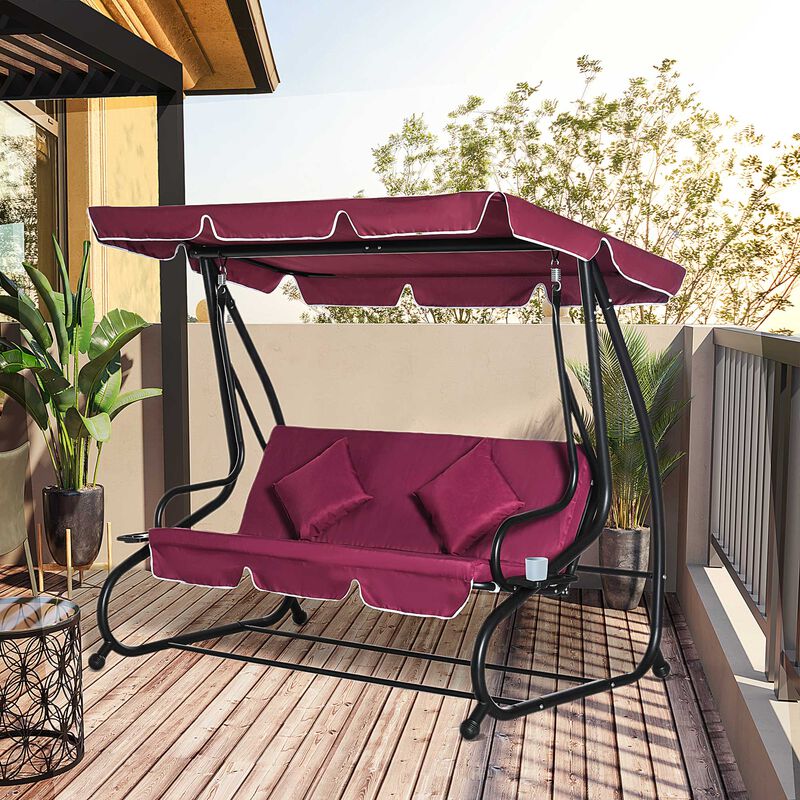 Outsunny 3-Seat Outdoor Patio Swing Chair, Converting Flatbed, Outdoor Swing Glider with Adjustable Canopy, Removable Cushion and Pillows, for Porch, Garden, Poolside, Backyard, Red