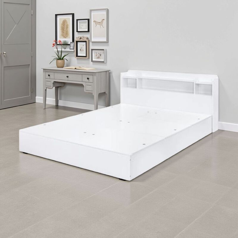 Queen Bed with 6 Under Compartments and Storage Headboard, White - Benzara