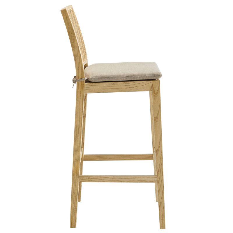 Modway Ovard Wood Bar Stool in Natural with Rattan Back &ndash; Natural Rattan Armless Bar Chair with Removable Padded Seat &ndash; Solid Wood and Fabric Bar-Height Stool image number 5