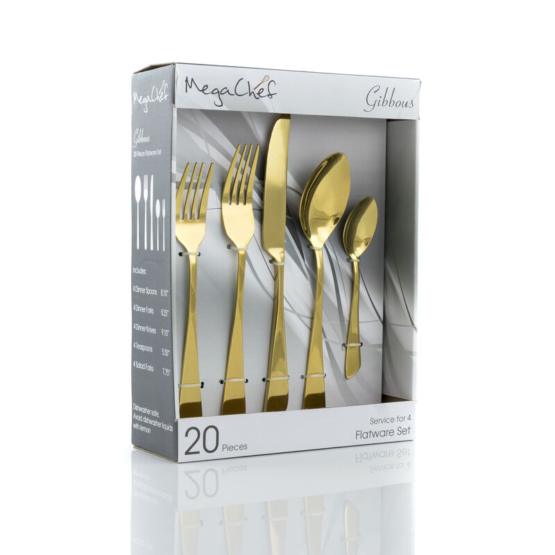 MegaChef Gibbous 20 Piece Flatware Utensil Set, Stainless Steel Silverware Metal Service for 4 in Gold