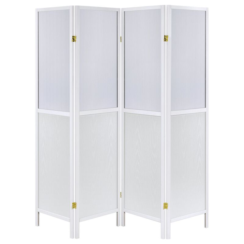 Matt 4 Panel Screen Room Divider, Folding Modern White Finish, 70 Inch - Benzara