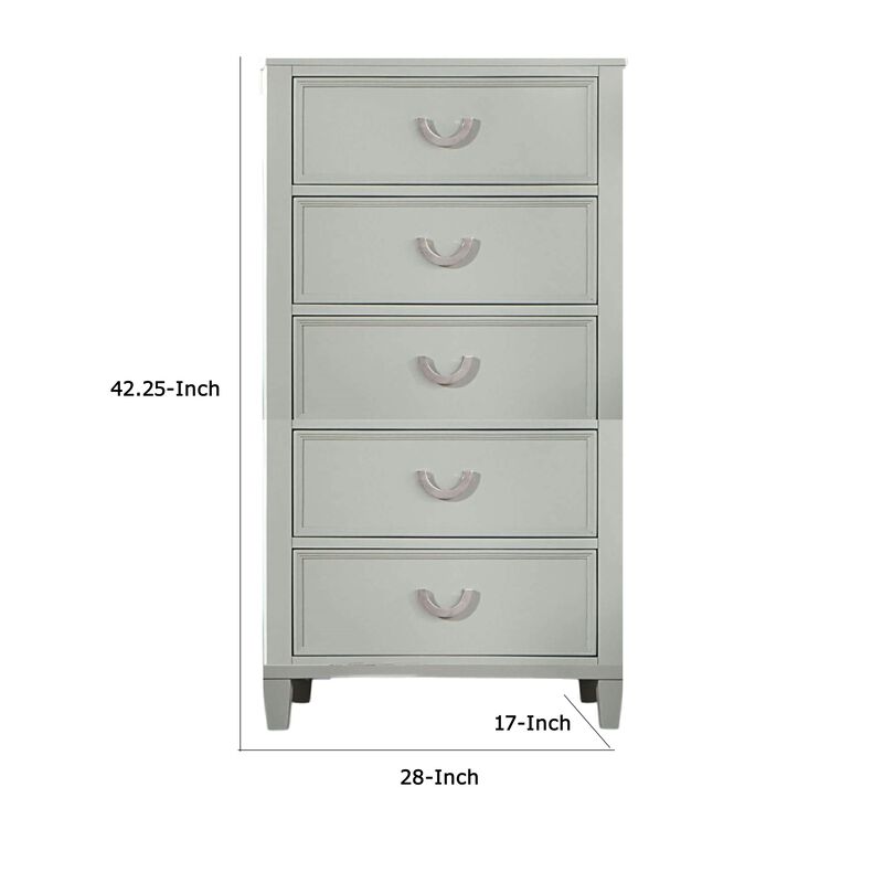 Roly Tall Dresser Chest, 5 Drawers, Chrome Hanging Handles, Gray Wood