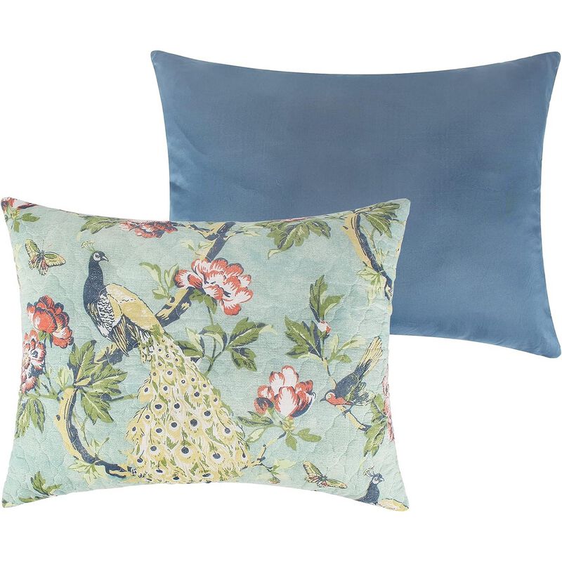 Eden 2 Piece Twin XL Quilt Set, Peacock and Songbirds, Green Microfiber - Benzara