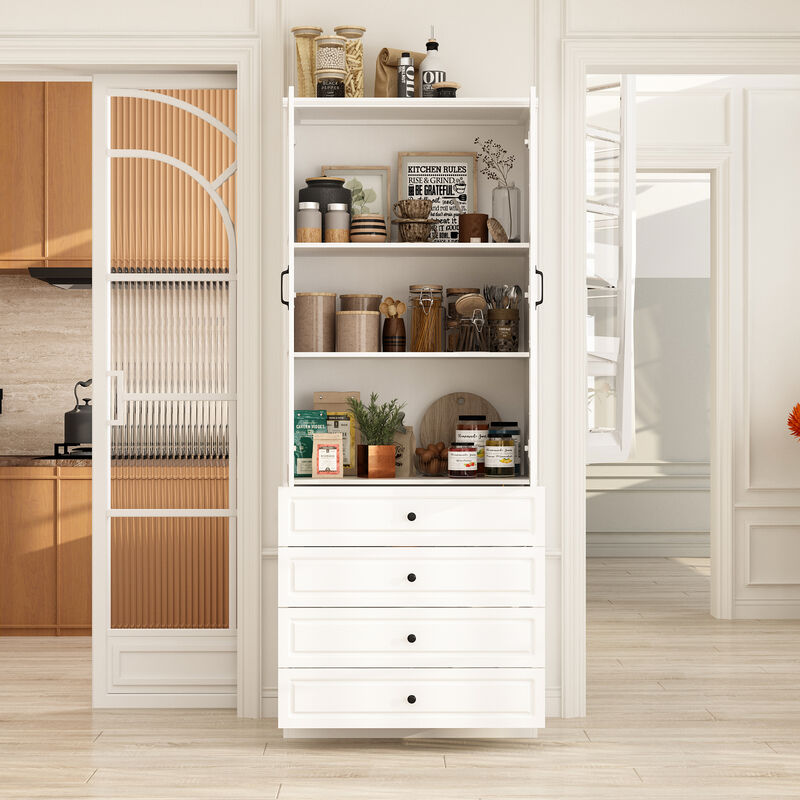 FUFU&GAGA Kitchen Pantry Cabinet with Glass Doors and Four Storage Drawers (31.5" W x 15.7" D x 78.7" H) White