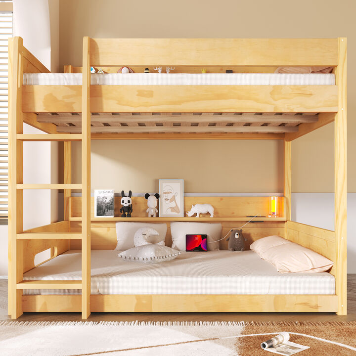 Merax Queen over Queen Wood Bunk Bed with Storage Shelves