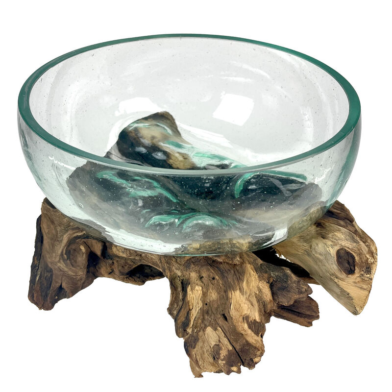 Molten Glass Bowl on Driftwood 10" Hand Blown Decorative Centerpiece Planter image number 0