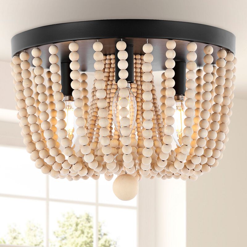 Eivissa 3-Light Coastal Farmhouse Iron/Wood Bead LED Flush Mount