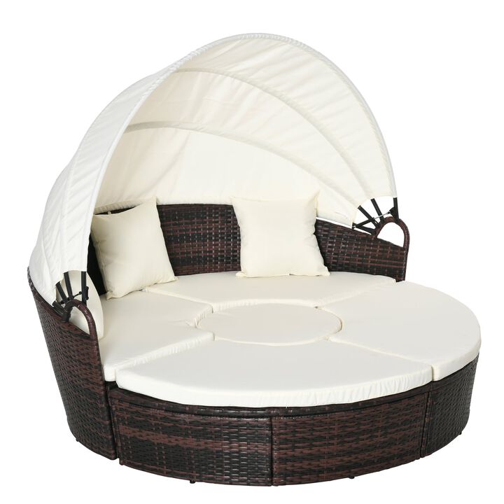 4-Piece Rattan Patio Furniture Set, Round Convertible Daybed or Sunbed with Adjustable Sun Canopy, Sectional Sofa, 2 Chairs, Table, 3 Pillows, Cream White