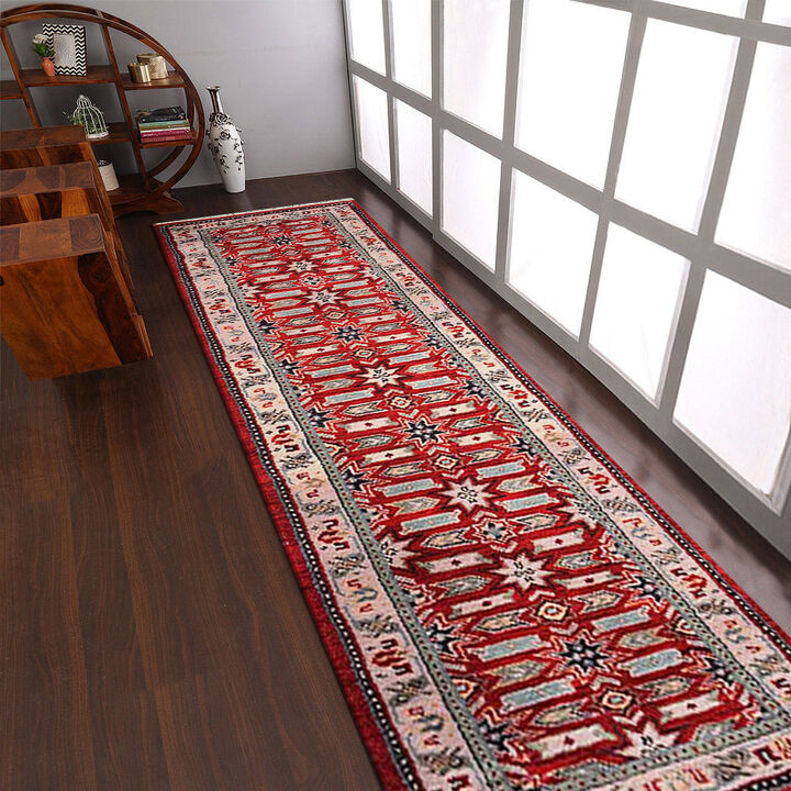 Rugsotic Carpets Hand Knotted Afghan Wool And Silk Size Runner Area Rug Oriental Kazak Size AF0107