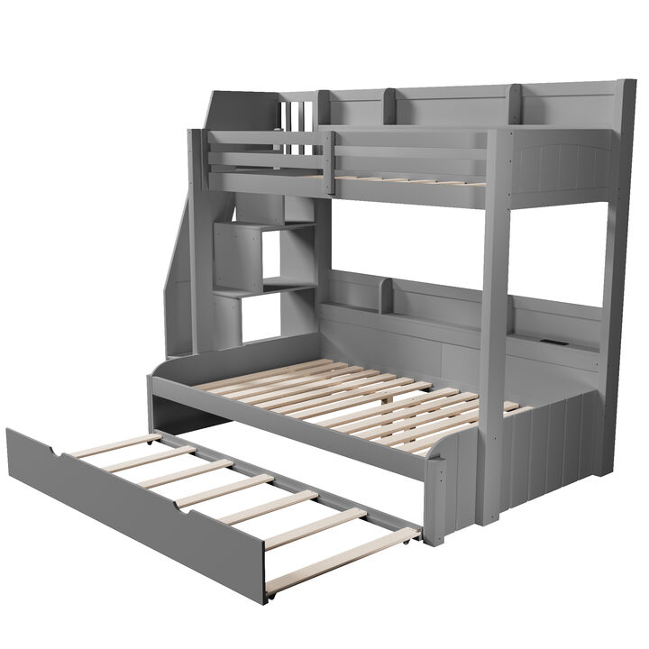 Merax Twin over Full Wooden Bunk Bed with Storage Stairs