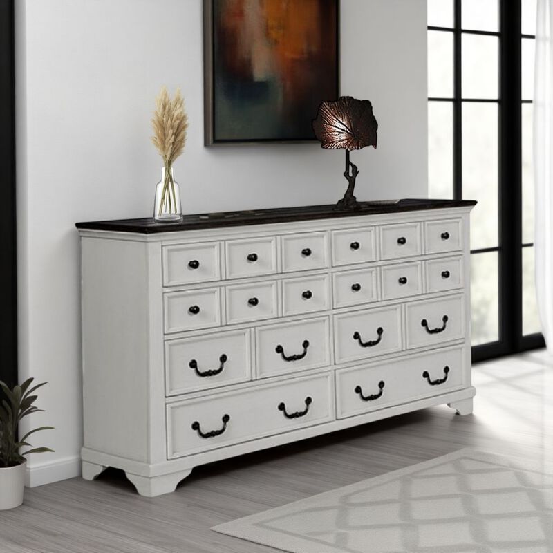 Hamps Wide Dresser, 8 Drawers, White and Dark Brown Solid Wood Frame - Benzara