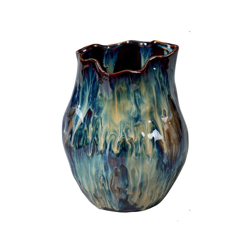Fera Decorative Flower Vase, Ruffled Edge, 9 Inch Shiny Blue Ceramic