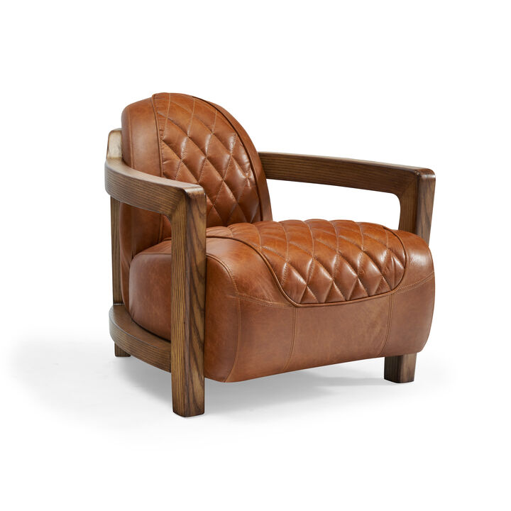 Pasargad Home Ethan Top-Grain Leather Lounge Chair with Solid&nbsp;Wood&nbsp;Armrests