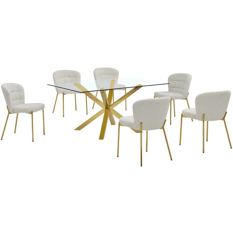 Best Quality Furniture Rectangle Tempered Glass Dining Table With 6 Cream Side Chairs