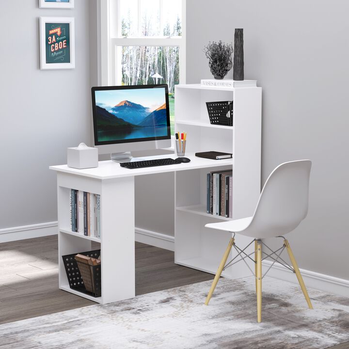 Modern Small Computer Desk with 6-Tier Storage Shelves Combo, Small Space Desk Writing Table with Bookshelf for Home Office, White