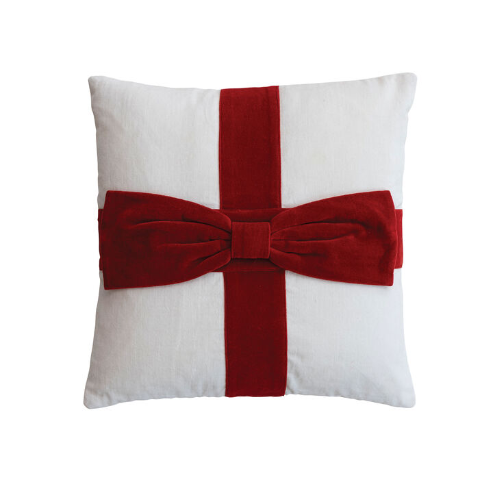 Cotton Velvet Pillow with Artisan Bow, Red & White