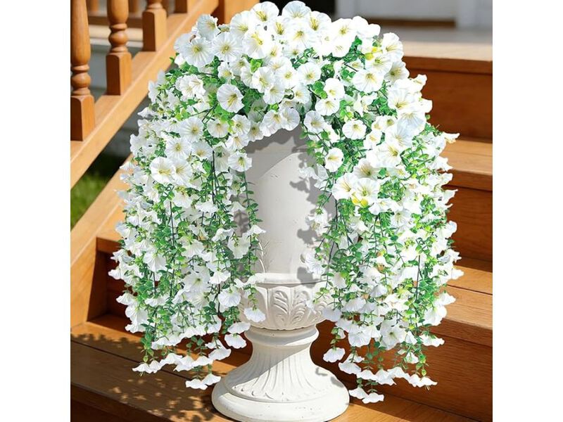 4 Piece White Artificial Hanging Morning Glory Flowers UV Resistant Outdoor image number 1