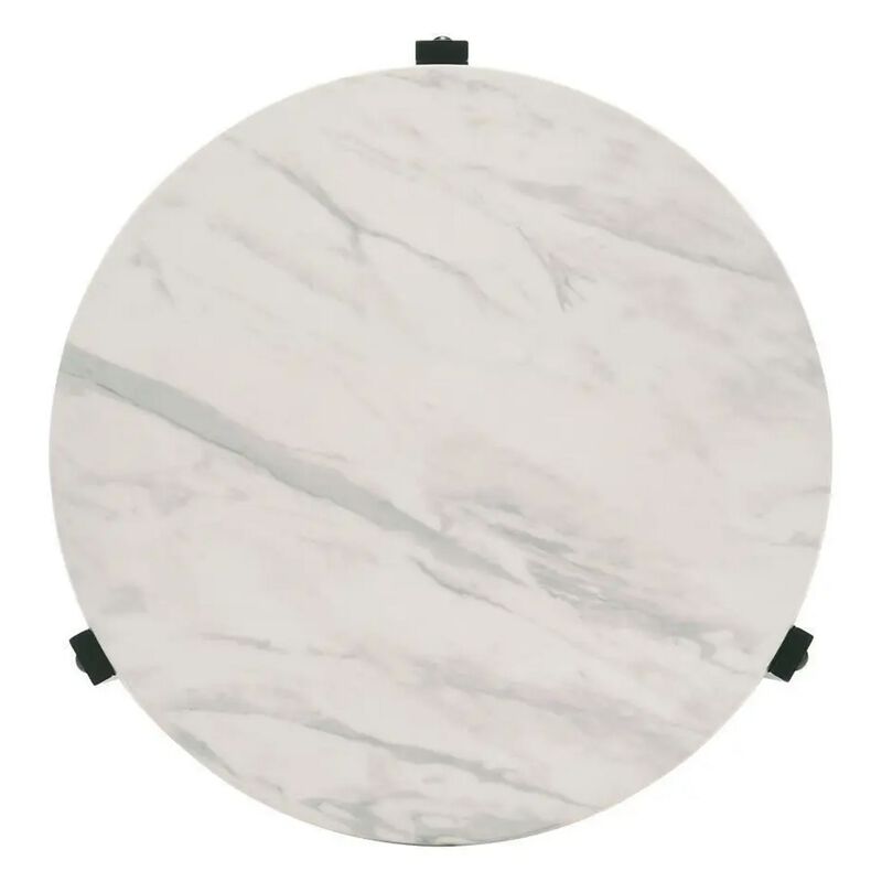 Zuko 24 Inch Round End Table, White Faux Marble Design, Black Legs - Benzara