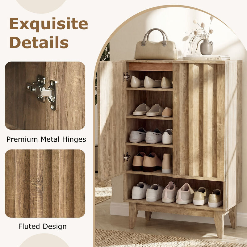 6-Tier Shoe Storage Cabinet with 2 Fluted Doors for Organized Shoe Storage-Oak image number 6
