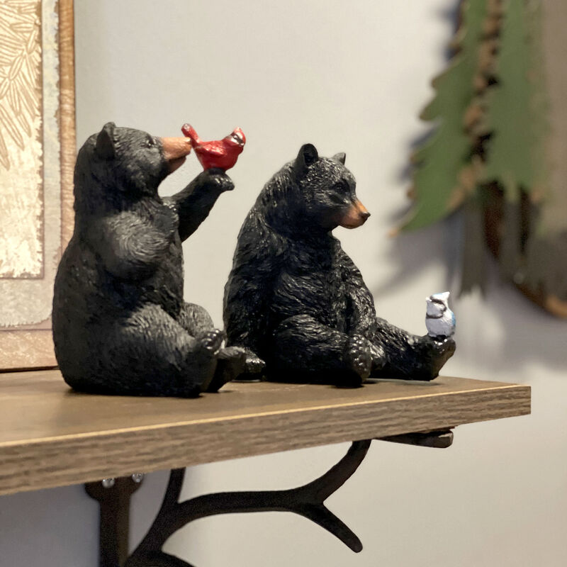 Set of 2 Black Bear Statues with Birds, 5&rdquo; Tall &ndash; Rustic Resin Animal Decor image number 5
