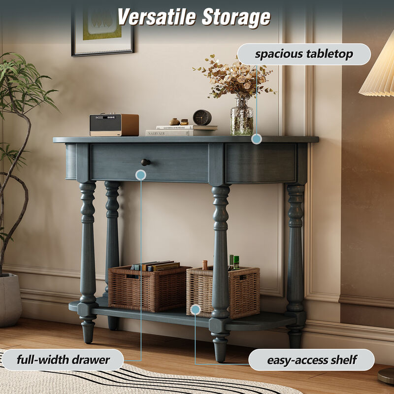 Whisen Retro Corner-curved Console Table with Top Drawer and Open Shelf for Living Room and Entryway - Beige