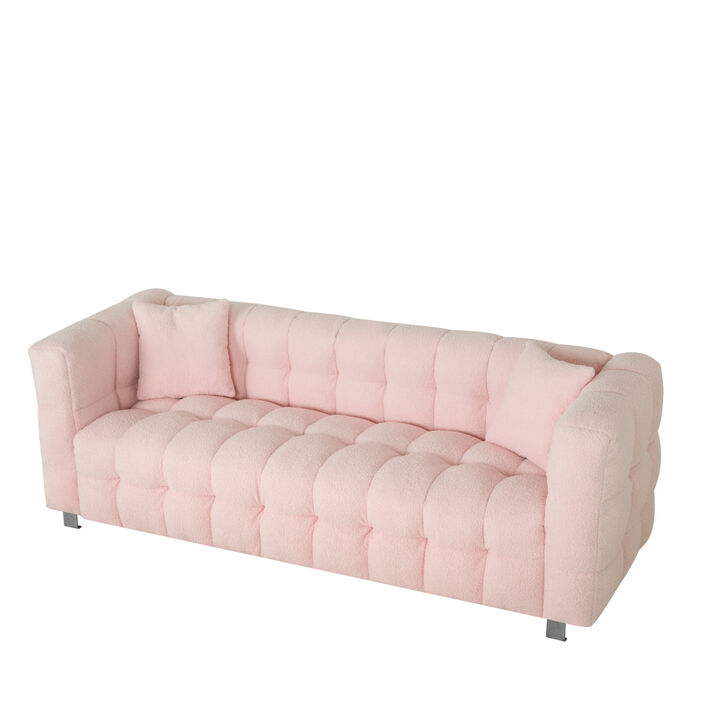 Pink teddy fleecesofa 80 inch discharge in living room bedroom with two throw pillows hardware foot support