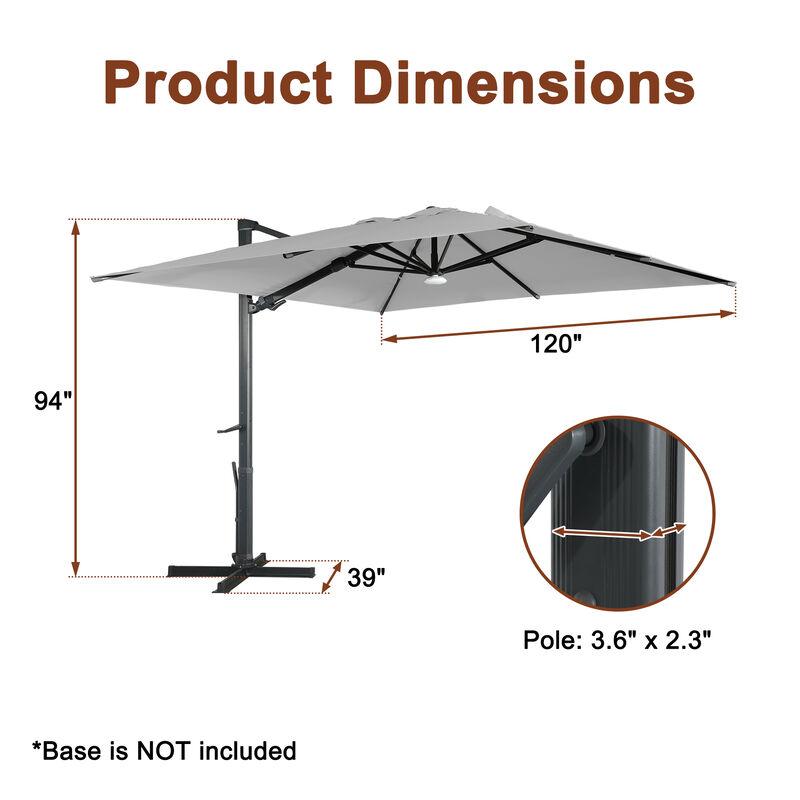 MONDAWE 10ft Square Solar LED Cantilever Patio Umbrella with Bluetooth Light for Outdoor Shade
