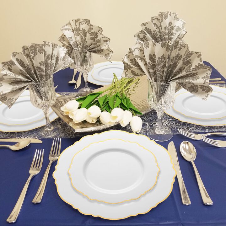 10.25" White with Gold Rim Round Blossom Plastic Dinner Plates (120 Plates)