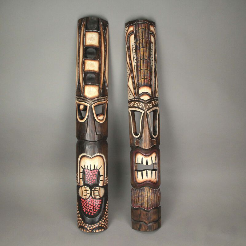 40 Inch Set of 2 Hand Made Wooden Tiki Masks Decorative Tropical Wall Art Decor image number 3