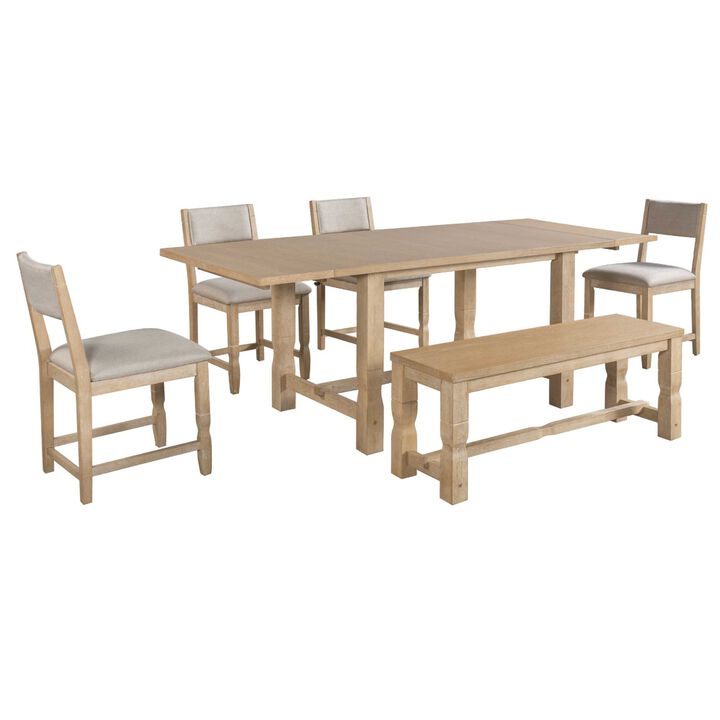 6 Piece Extendable Dining Set with Bench and Chairs solid wood dining set for kitchen dining room, rectangular dining table set with leaves