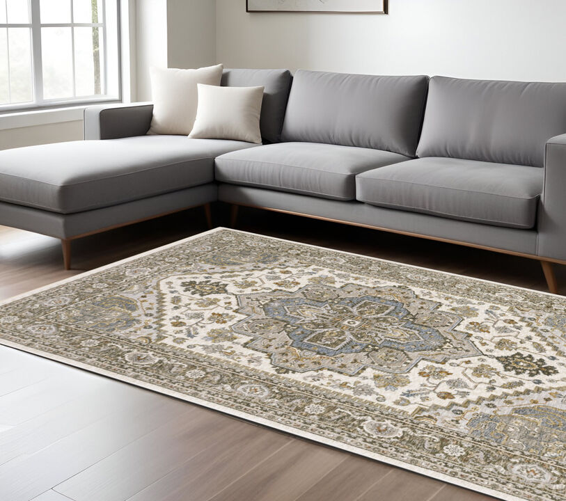 HomeRoots Medallion Distressed Area Rug With Fringe