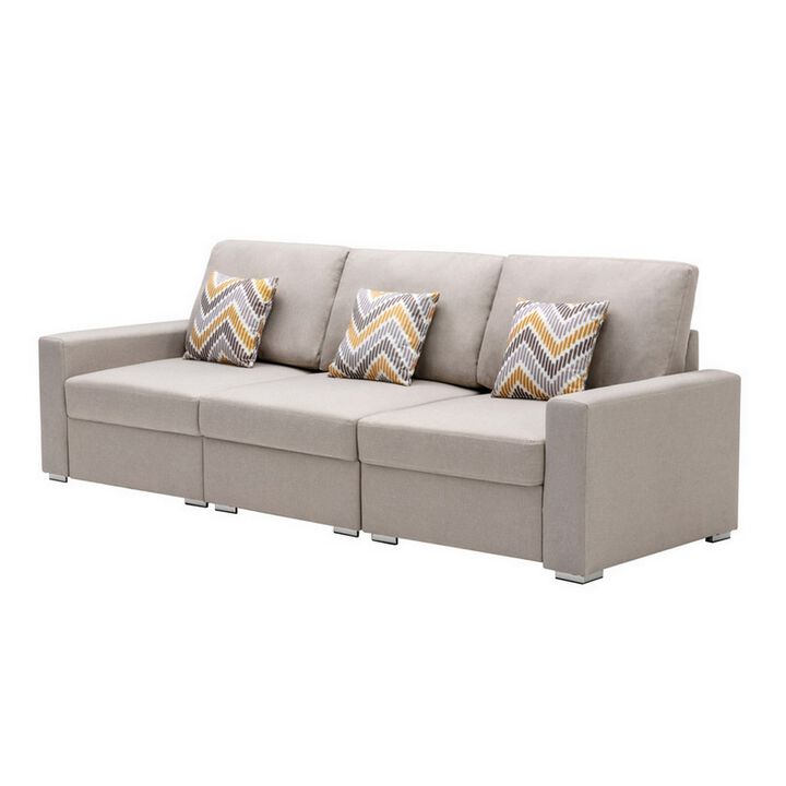 Meg 96 Inch Adjustable Modern Sofa with Throw Pillows and Beige Fabric-Benzara
